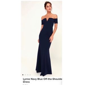 Navy blue off the shoulder evening gown
